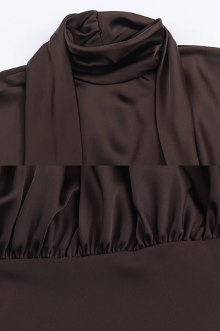 Satin High-Neck Mini Dress with Scarf Tie & Long Sleeves