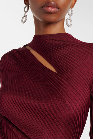 Long Sleeve Ribbed Knit Midi Dress with Asymmetrical Cutout and Button Slit