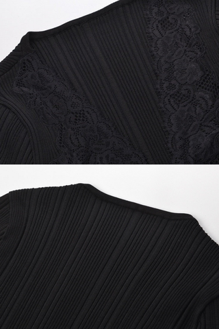 Ribbed Long Sleeve Top with Lace V-Neck – Stretch Knit