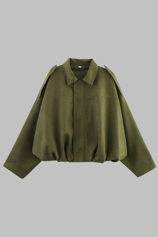 Oversized Faux Suede Jacket with Shoulder Flap Detail and Elastic Hem