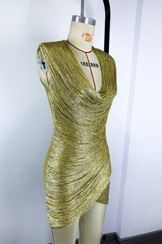 Metallic Draped Cowl Neck Sleeveless Bandage Mini Dress