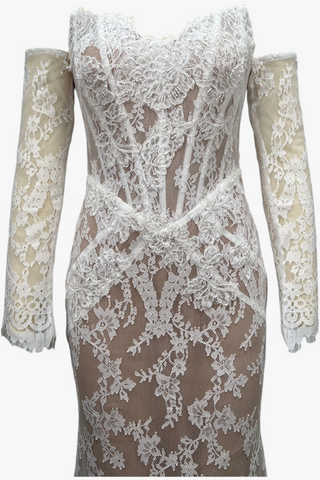 Floral Lace Corset Off-Shoulder Long Dress with Sheer Lace Sleeves