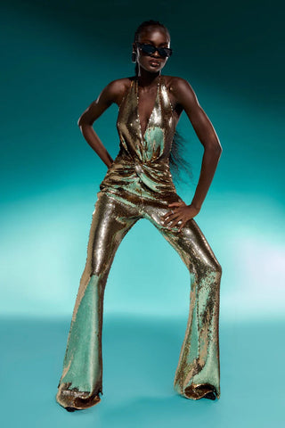 Sequin Halter Neck Sleeveless Flared Jumpsuit