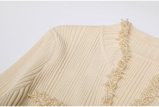 Ribbed Knit Long Dress with Pearl Trim Details & Long Sleeves