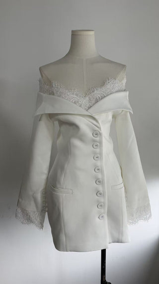 Lace Trim Off-Shoulder Tailored Blazer Mini Dress with Long Sleeves & Button Front