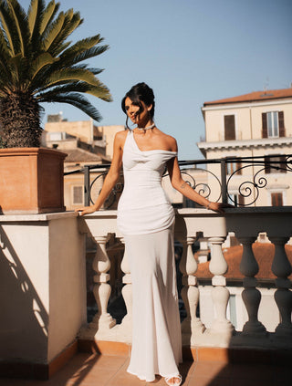 Draped Asymmetric Mesh Long Dress