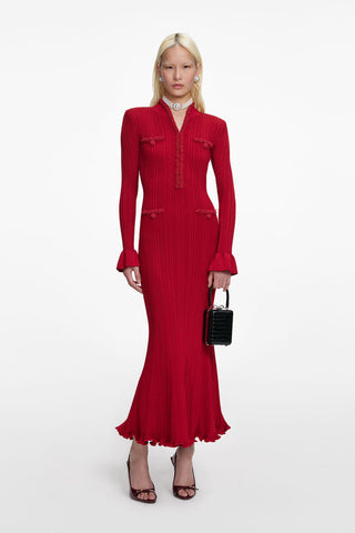 Ribbed Knit Long Dress with Pearl Trim Details & Long Sleeves