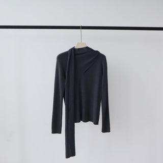 Long Sleeve Knit Top with Attached Scarf Detail and Regular Length