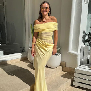 Off-Shoulder Ruched Mesh Cut-Out Long Dress