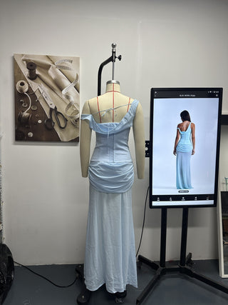 Draped Asymmetric Mesh Long Dress