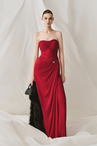 Soft Mesh Draped Strapless Long Dress with Sheer Scarf