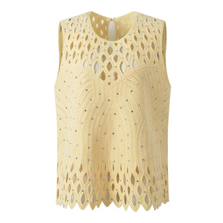 Crystal Embellished Openwork Crochet Sleeveless Top