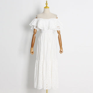 Embroidered Off Shoulder Ruffled Long Dress