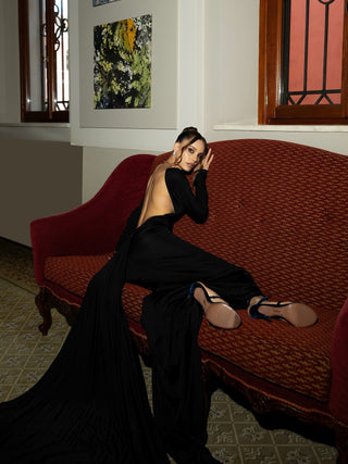 Stretch Jersey Open-Back Draped Long Dress