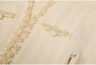 Ribbed Knit Long Dress with Pearl Trim Details & Long Sleeves