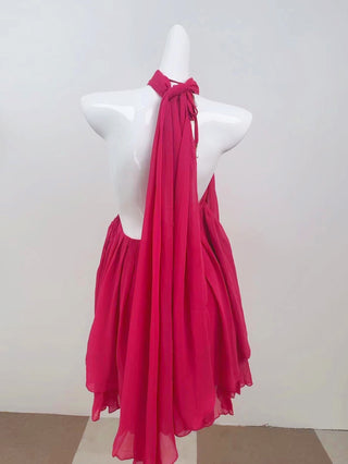 Pleated Halter Mini Dress with Sheer Draped Sleeves