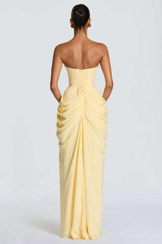 Strapless Ruched Long Dress with Lace-Up Back & High Slit