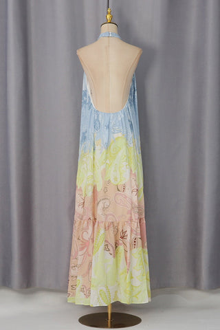 Paisley Print Halter Neck Backless Long Dress