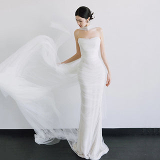 Strapless Ruched Tulle Mermaid Maxi Dress with Sheer Scarf