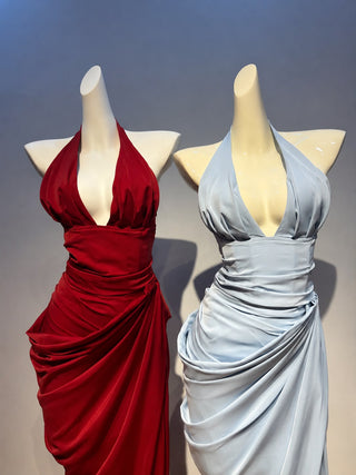 Draped Halter Corset Long Dress with High Slit