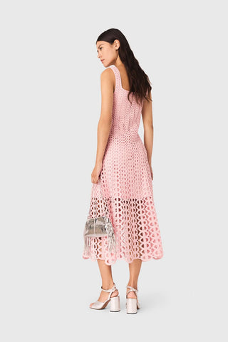 Crochet Knit Midi Dress with Crystal Embellishments & Sleeveless Square Neck Design