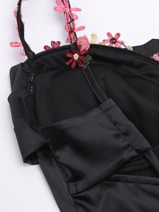 Floral Strap Satin Long Dress with Sleeveless Cowl Neck Design