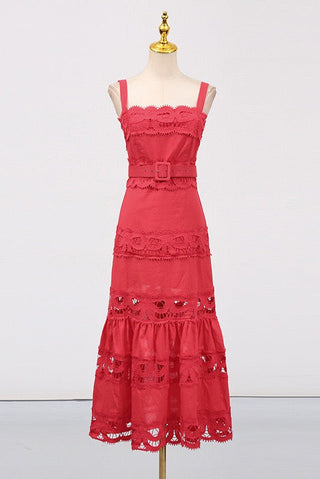 Statement Lace Cutwork Belted Tiered Long Dress