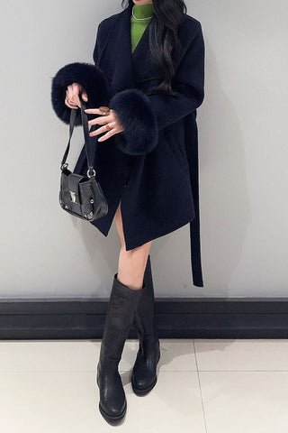 Wrap Belted Wool-Blend Jacket with Fur Cuffs