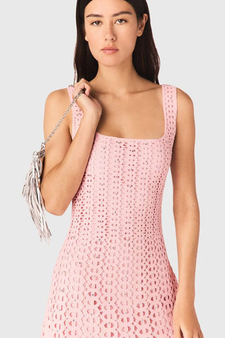 Crochet Knit Midi Dress with Crystal Embellishments & Sleeveless Square Neck Design