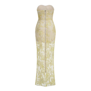 Elegant Strapless Floral Lace Embroidered Long Dress with Sequin Detail