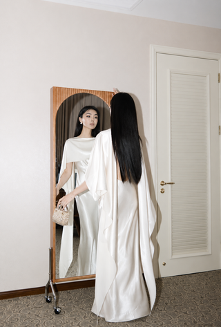 Satin Cape Sleeve Open Back Long Dress