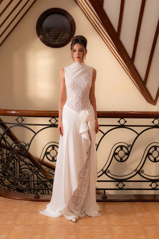Sleeveless High Neck Lace & Draped Satin Rosette Long Dress