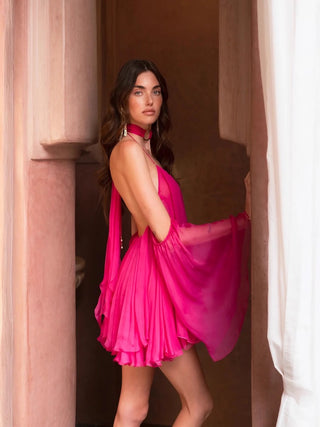 Pleated Halter Mini Dress with Sheer Draped Sleeves