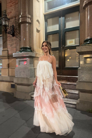 Tiered Lace Long Dress – Layered Ruffle Design, Crisscross Back & Flowy Fit