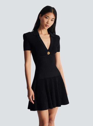 Ribbed Knit Collared V-Neck Short Sleeve Mini Dress with Flared Skirt