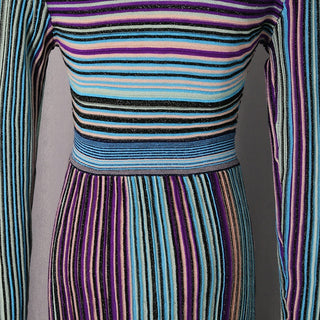 Metallic Striped Knit Maxi Dress with V-Neck and Long Sleeves