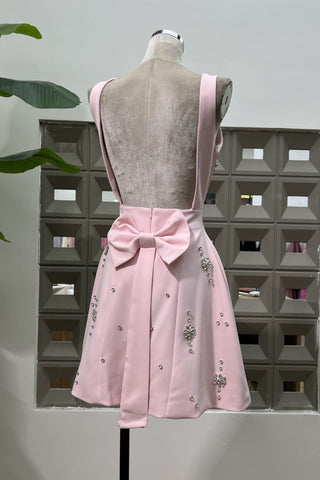 Crystal Embellished Open Back Bow Mini Dress