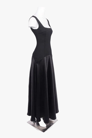 Square Neck Fitted Bodice Long Dress with Flared Satin Skirt