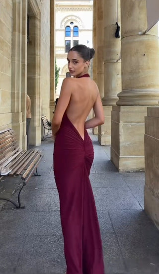 Halter Neck Ruched Open-Back Long Dress