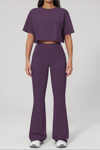 Short Sleeve Crop Top & High Waist Flared Pants Set – Snatched Fit, Made to Move