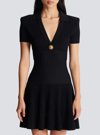 Ribbed Knit Collared V-Neck Short Sleeve Mini Dress with Flared Skirt