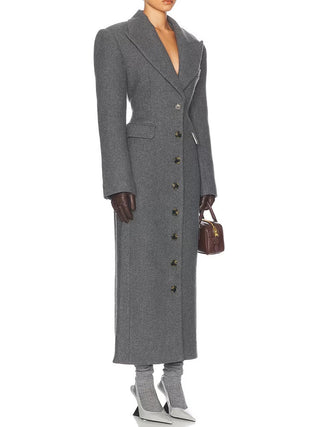 Tailored Button-Front Long Coat – Structured Waist Wool-Blend Style