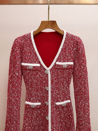 Long Sleeve Short Tweed Knit Dress with Contrast Trim and V-Neck Detail