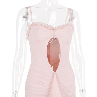 Sleeveless Stretch Mesh Long Dress with Front Cut-Out