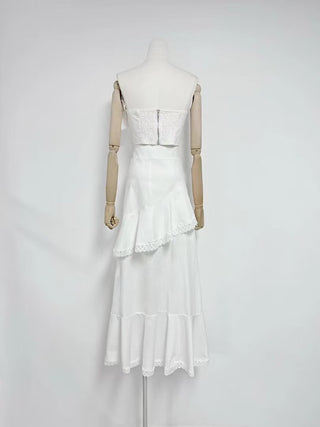 Strapless Lace Appliqué Crop Top & Tiered Asymmetric Long Skirt Set