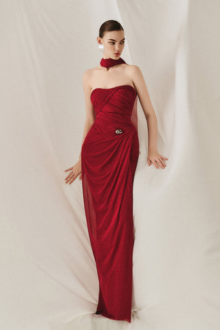Soft Mesh Draped Strapless Long Dress with Sheer Scarf