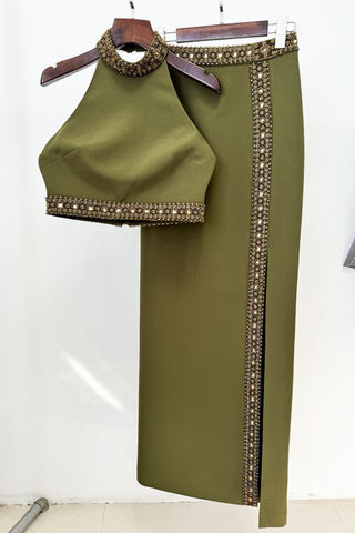 Embellished Olive Halter neck Top & Slit Maxi Skirt Set