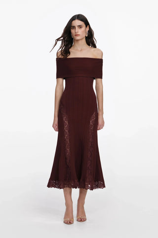 Luxe Ribbed Knit Off-Shoulder Lace Panel Long Dress