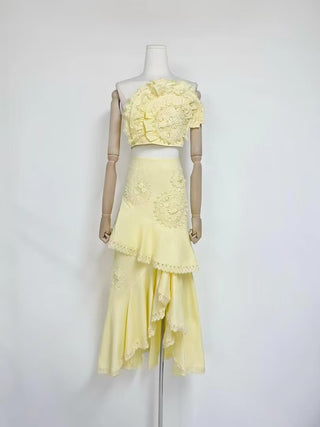 Strapless Lace Appliqué Crop Top & Tiered Asymmetric Long Skirt Set
