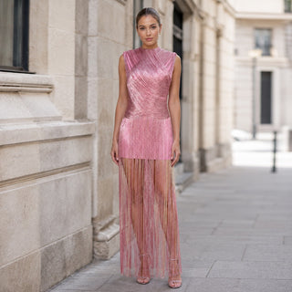 Metallic Fringe High Neck Sleeveless Long Dress